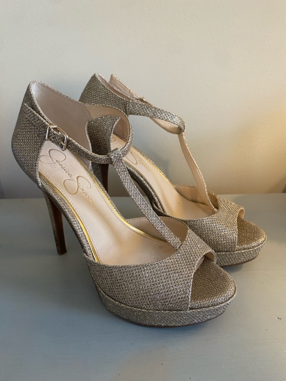 Jessica Simpson Gold Woven T-Strap Platform Heels